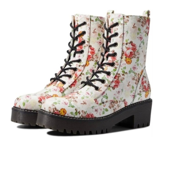 Unionbay White floral print rugged lug sole lace up combat moto boots size 10 - Picture 11 of 11